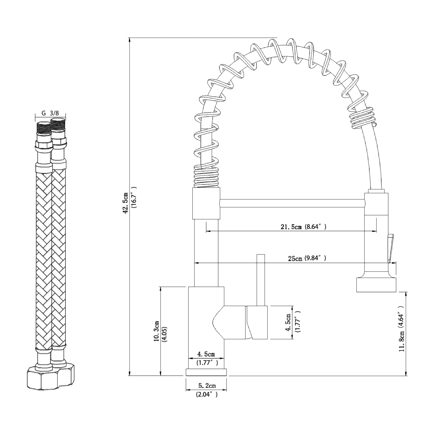 AICA Hochdruck Wasserhahn 43x21x12cm Silber Küche Abnehmbarer Mischbatterie und Drehbarer 360° Spiralfeder Bad Küchenarmatur_2