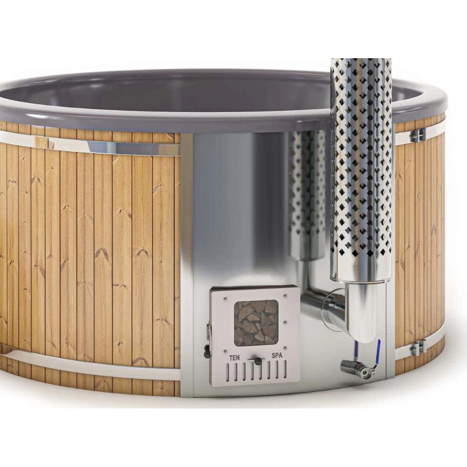 Finntherm Holz Badefass Stockholm Thermoholz, Ø 200 cm mit VA-Ofen. Holzpool mit grauem Innenraum und Ofen.