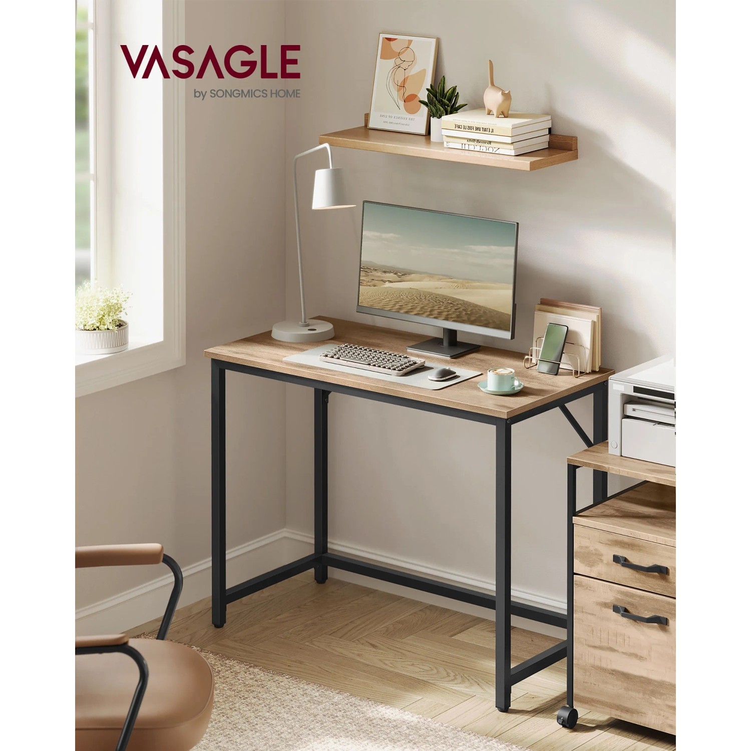 Vasagle Schreibtisch, 100x76x50 cm, braun-schwarz, mit Stahlrahmen und Computermonitor.