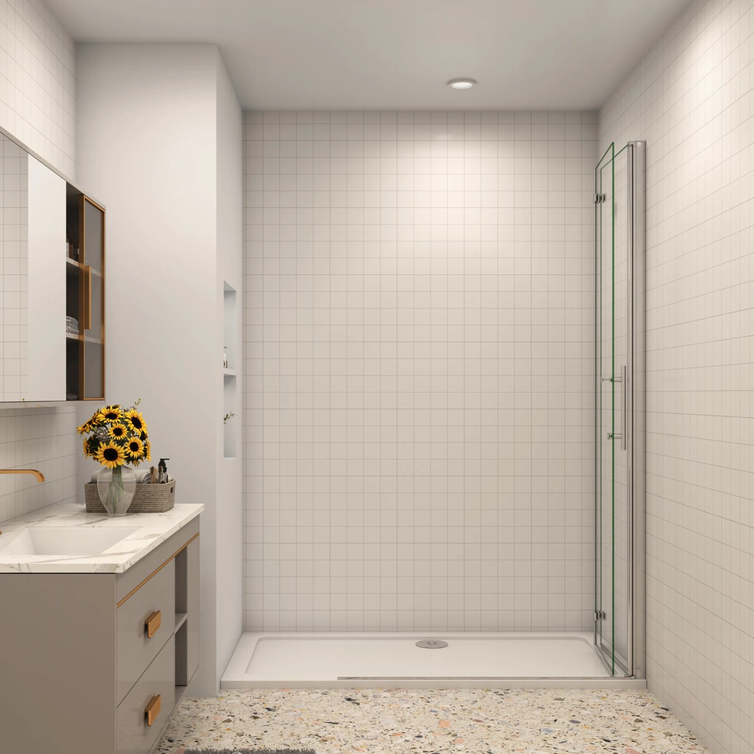 AICA Falttür Dusche 100x185cm mit ESG Glas in Badezimmer-Szene.