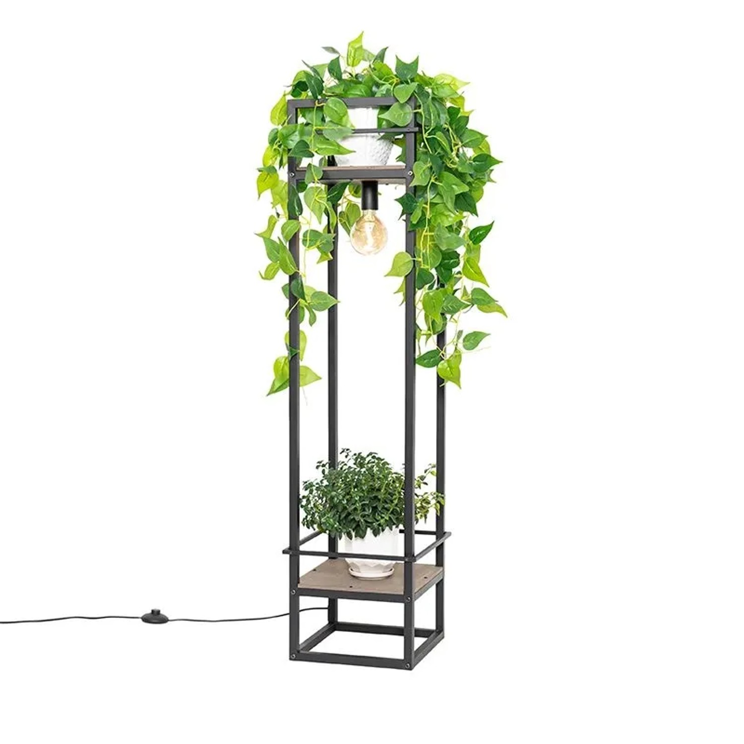 QAZQA Industrielle Stehlampe Schwarz mit Holz Cage Rack