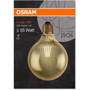 Osram LED-Leuchtmittel E27 in Globeform, 6,5W, warmes Licht, auf Verpackung.