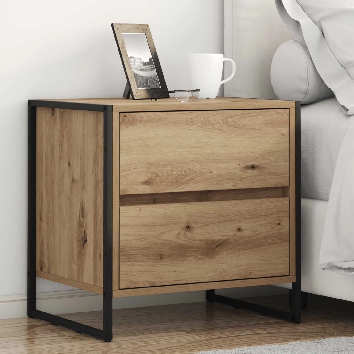 vidaXL Nachttisch in Eiche-Optik mit 2 Schubladen und schwarzem Metallgestell, industrieller Stil.