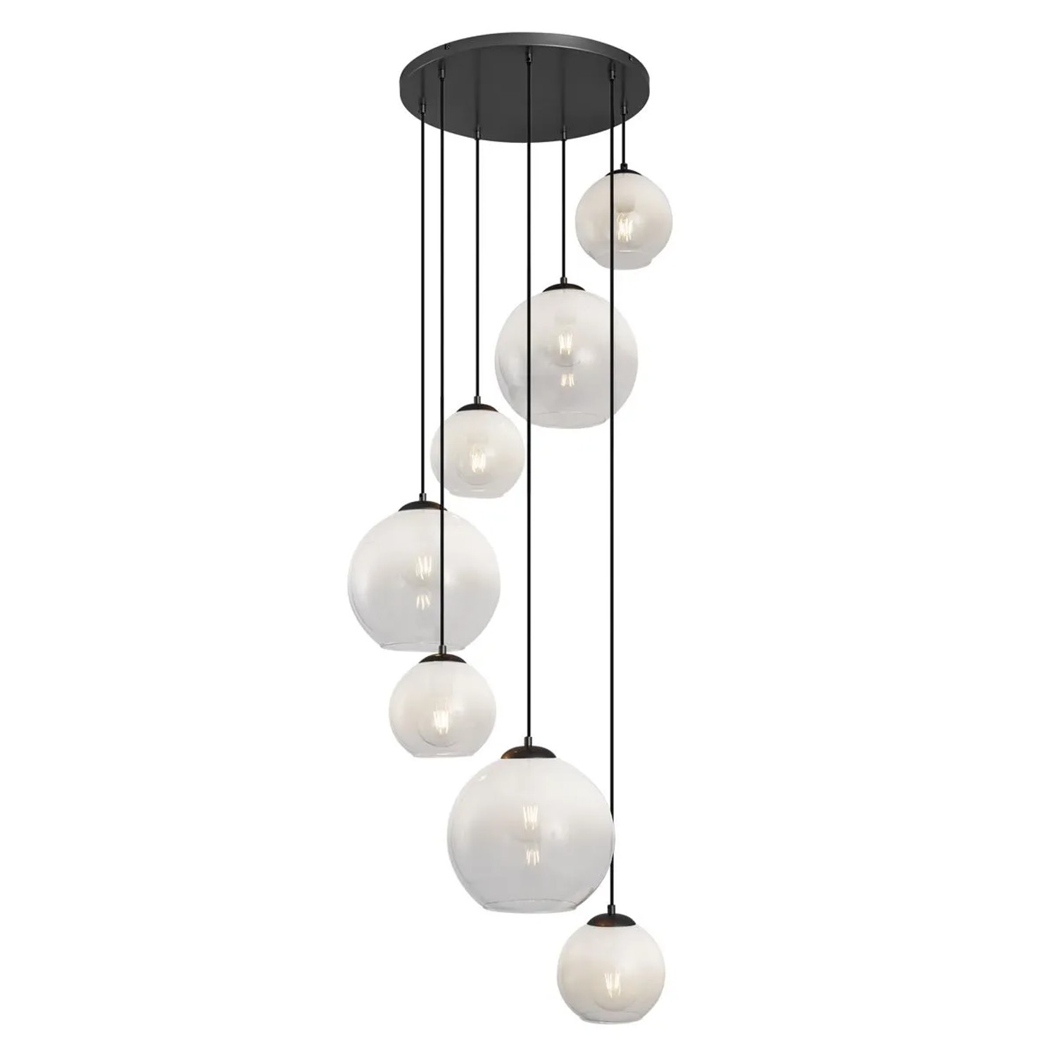 QAZQA Moderne Hängelampe Schwarz mit Weißem Glas Rund 7 Flammig Misty