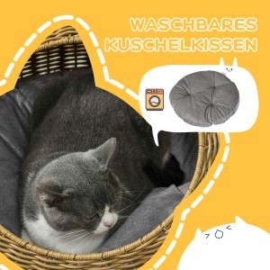Katze schläft im PawHut Katzenkorb mit grauem Kissen in Katzenhöhle.