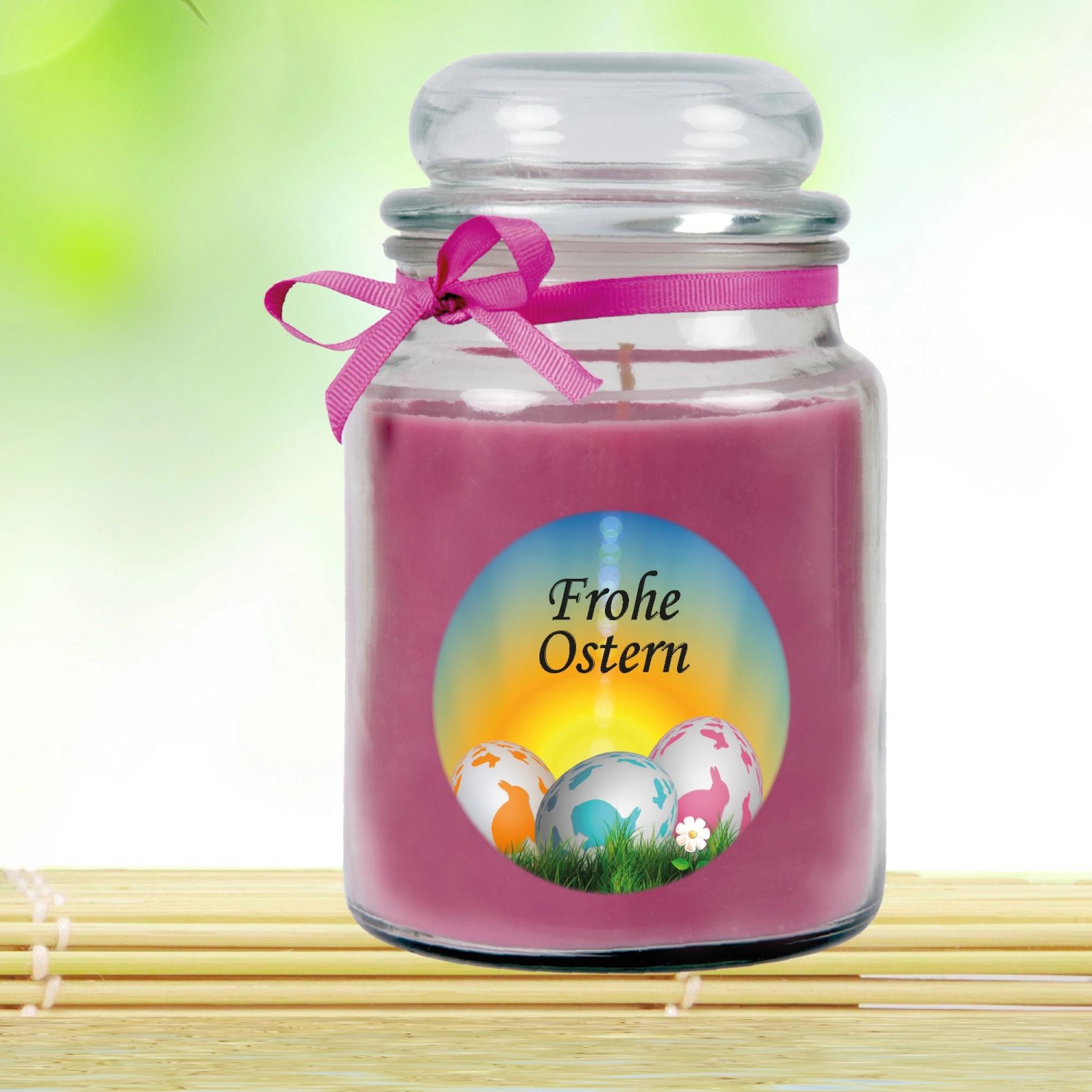 Duftkerze Frohe Ostern im Glas mit Lavendelduft und Ostereier-Motiv, Ø10 cm.