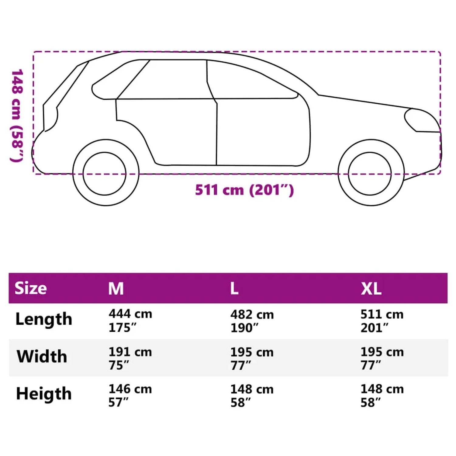 Abbildung der Autoabdeckung vidaXL für SUV, Größe XL, mit Maßangaben.