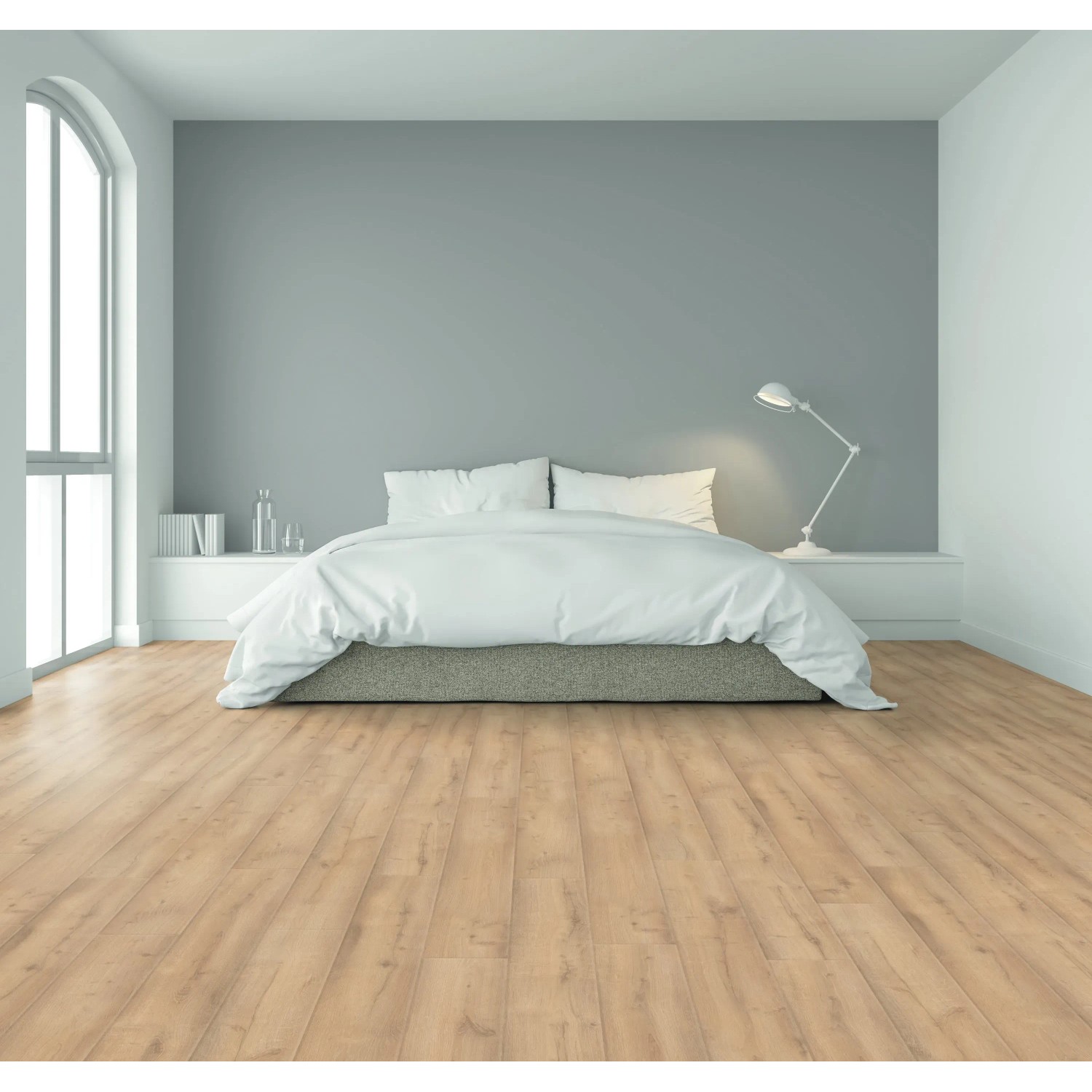 Heller Laminatboden Yushan Oak Eiche im Schlafzimmer verlegt.