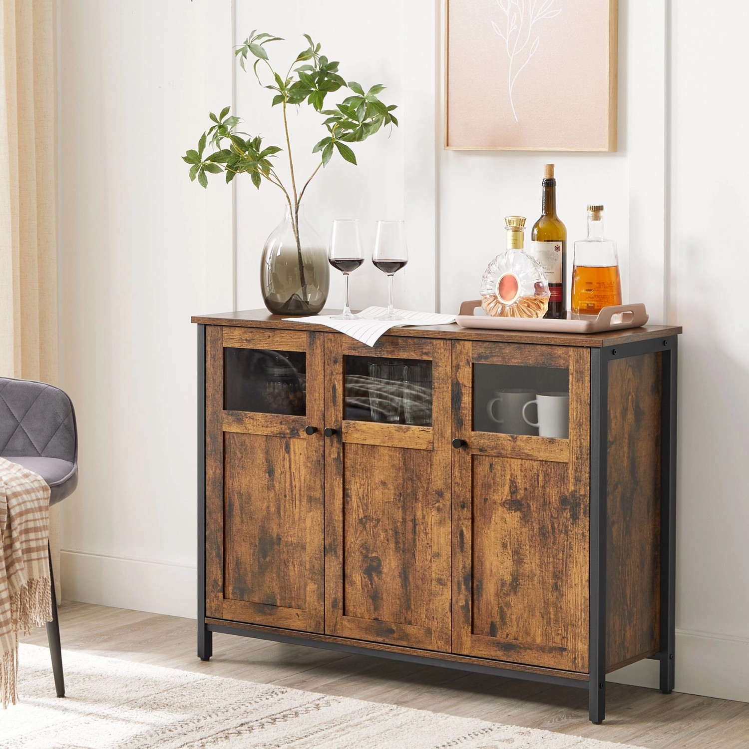 Vasagle Sideboard in Braun-Schwarz mit Glastüren, 110x75x35 cm, für stilvolle Wohnzimmeraufbewahrung.