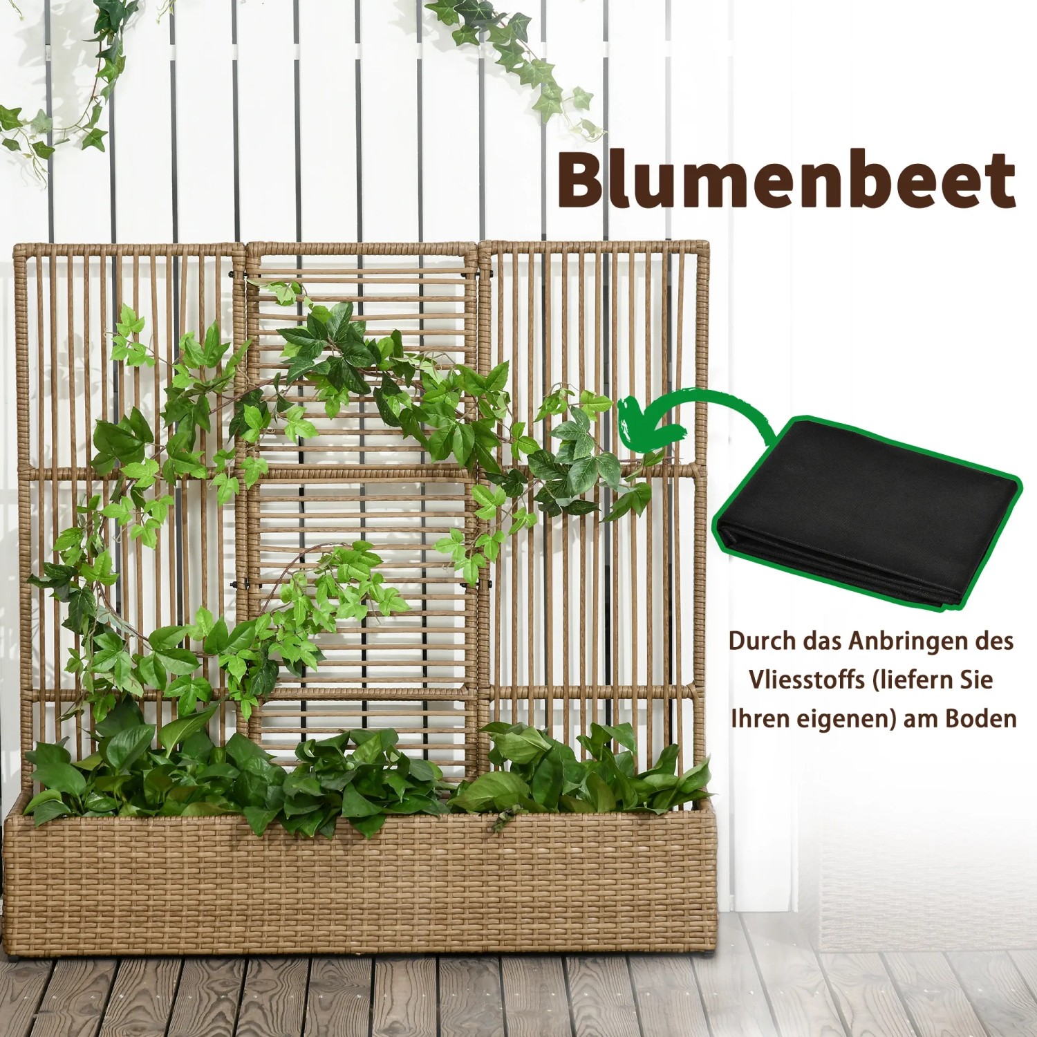 Outsunny Blumenkasten mit Spalier PE-Rattan Stahl 103L x 103B x 29H cm Sand_7