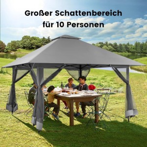 Grauer Costway Pavillon 4x4 m mit Netzseitenwänden im Garten, mit sitzenden Personen.