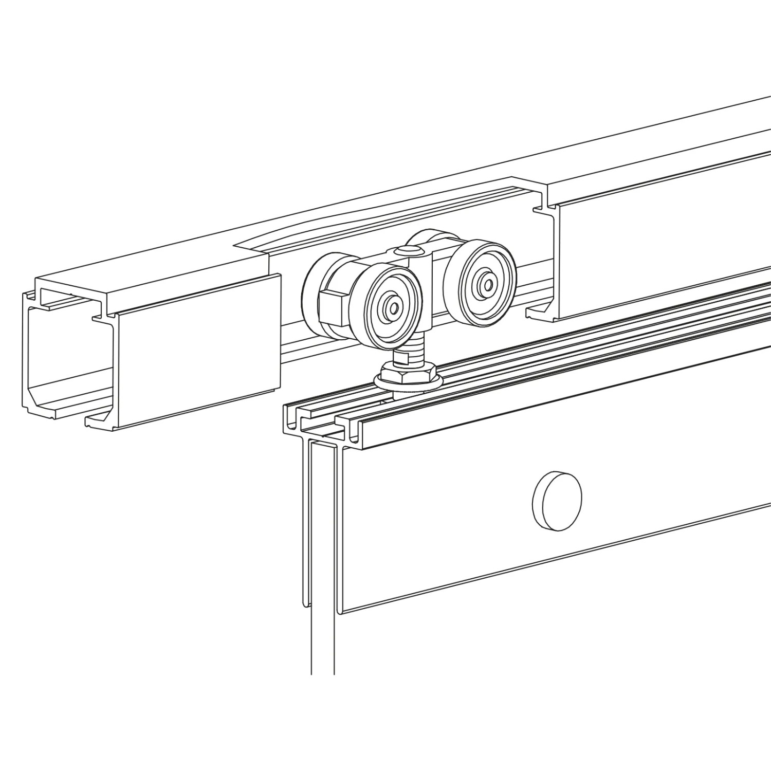 Detailaufnahme: Laufwagen und Schiene der inova Glasschiebetür, Komplettset mit Softclose.