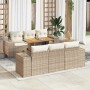 Beige 7-tlg. Garten-Sofagarnitur aus Rattan mit Tisch und cremeweißen Kissen.
