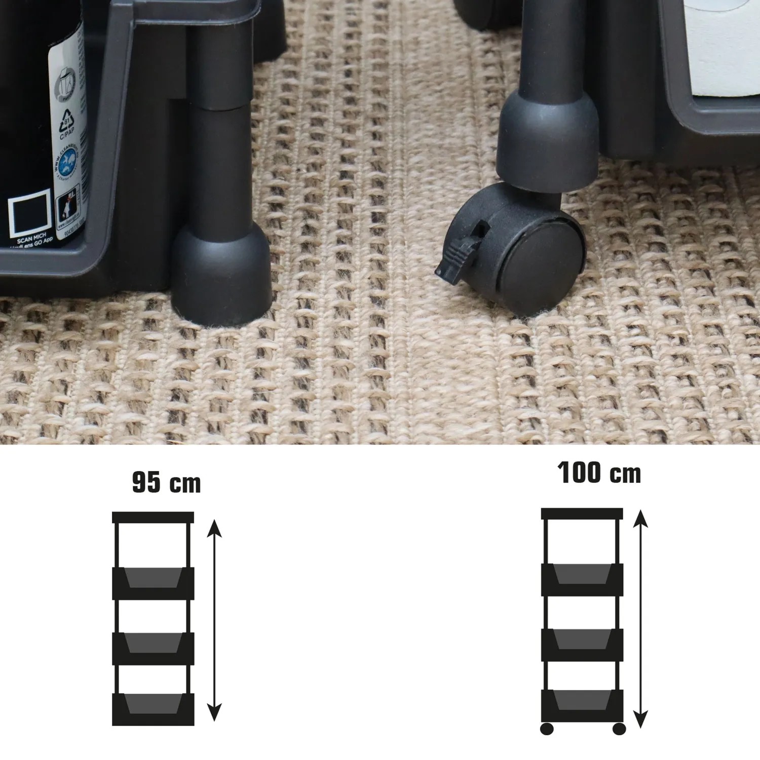 Detailaufnahme des schwarzen MAKLIK Küchenrollwagens mit 3 Körben, mit und ohne Rollen, Größenangabe.