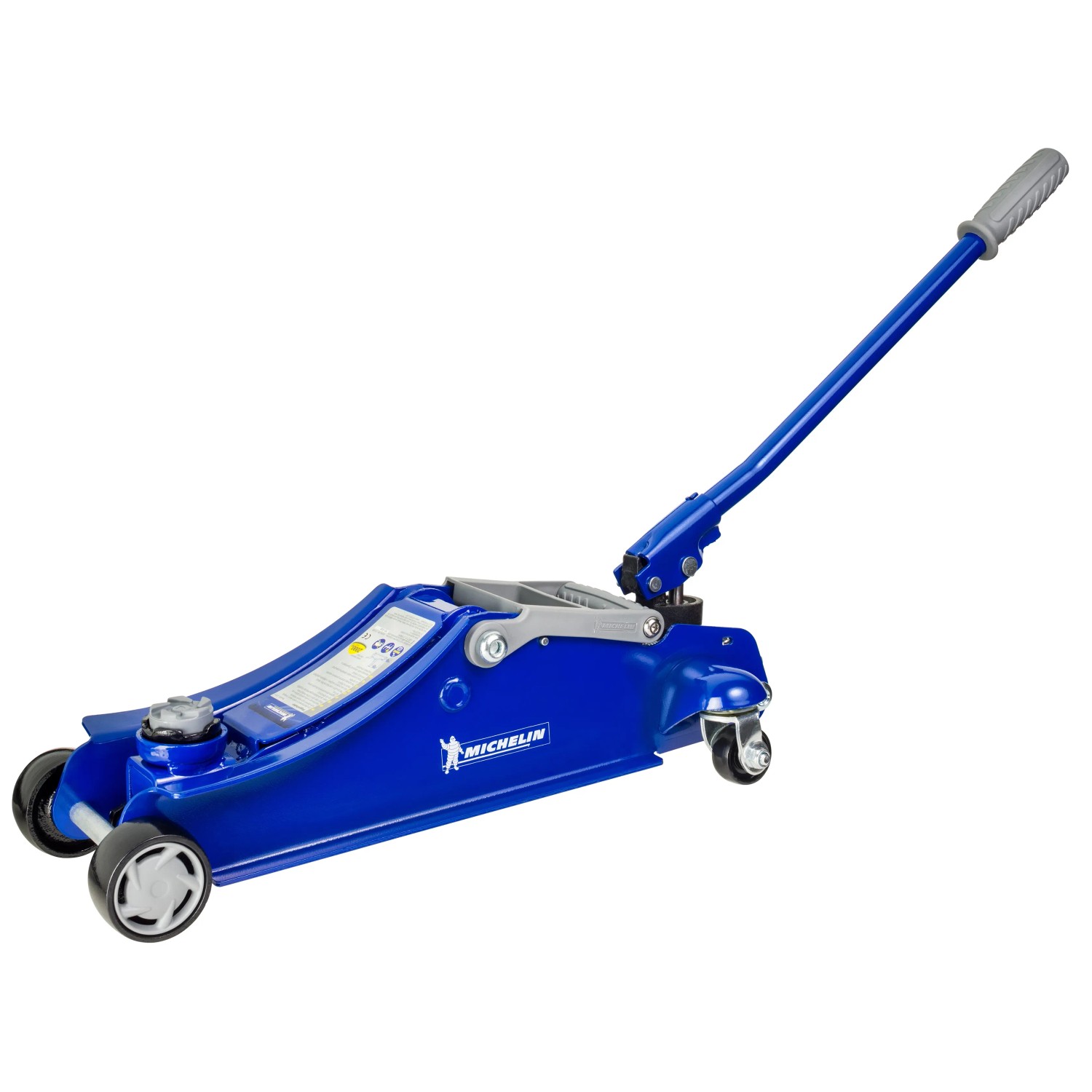 Blauer Michelin Hydraulik-Wagenheber, 2000 kg Tragkraft, mit Hebel und Rollen.