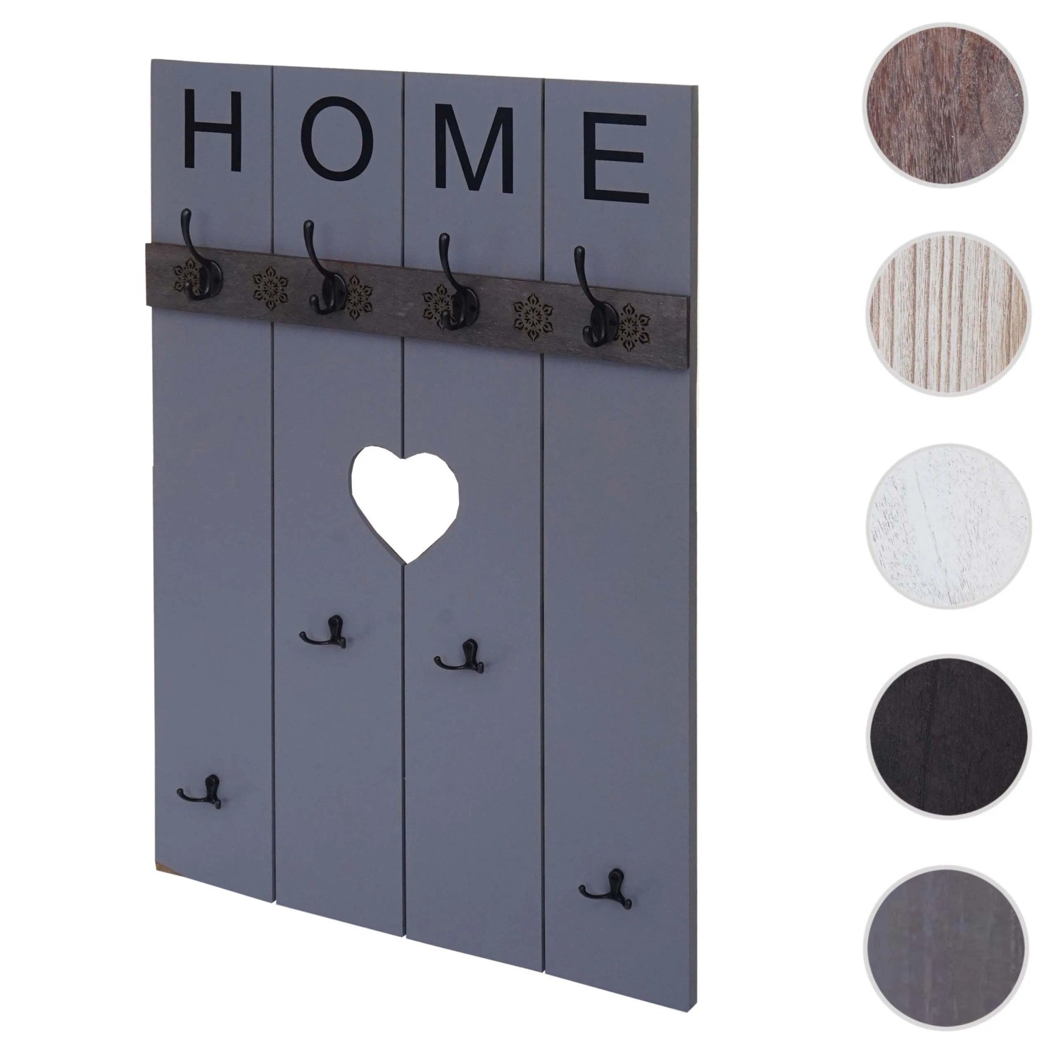 Grau-blaue Wandgarderobe im Shabby-Look mit 8 Haken und Herz-Ausschnitt.