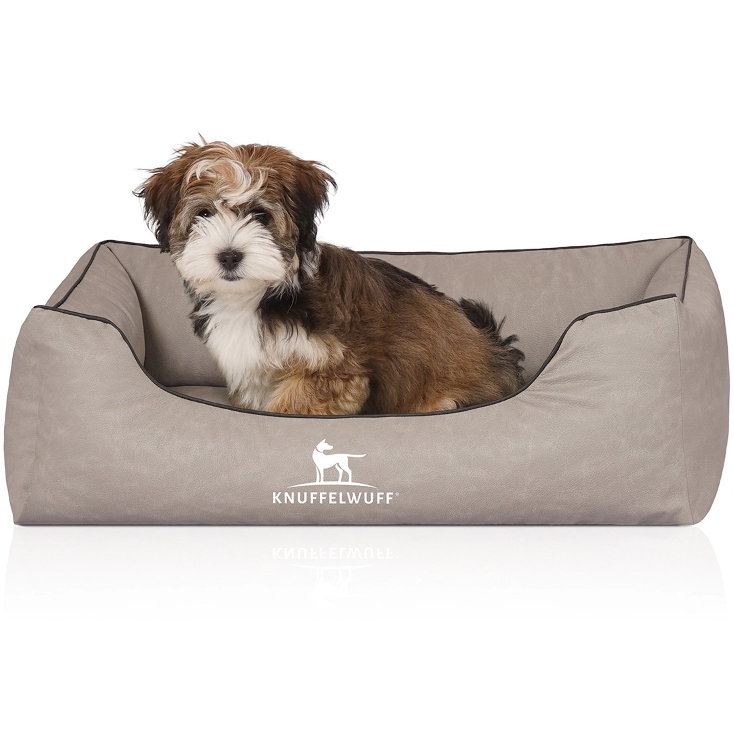 Knuffelwuff Hundebett Rockland, orthopädisches Hundekörbchen aus Kunstleder, hellgrau, Größe M-L.