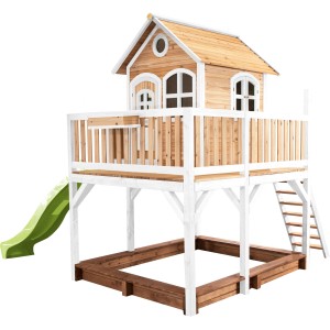 Axi Liam Spielhaus mit Rutsche, braun-weiß, mit Sandkasten und Leiter. Ideal für Kinder zum Spielen im Garten.