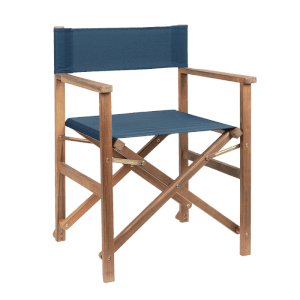 Blauer Yes Regiestuhl Noemi aus Akazienholz für Garten und Balkon.