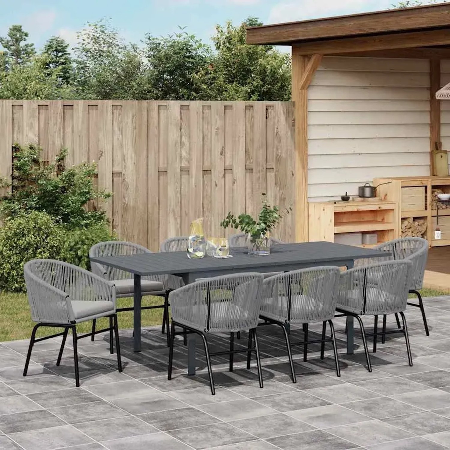Graue 9-teilige vidaXL Garten Essgruppe aus Poly Rattan mit ausziehbarem Tisch.