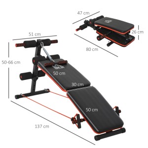 HOMCOM Bauchtrainer mit Trainingsbank, verstellbar in Schwarz und Rot. Kompaktes Design, auch zusammengeklappt.