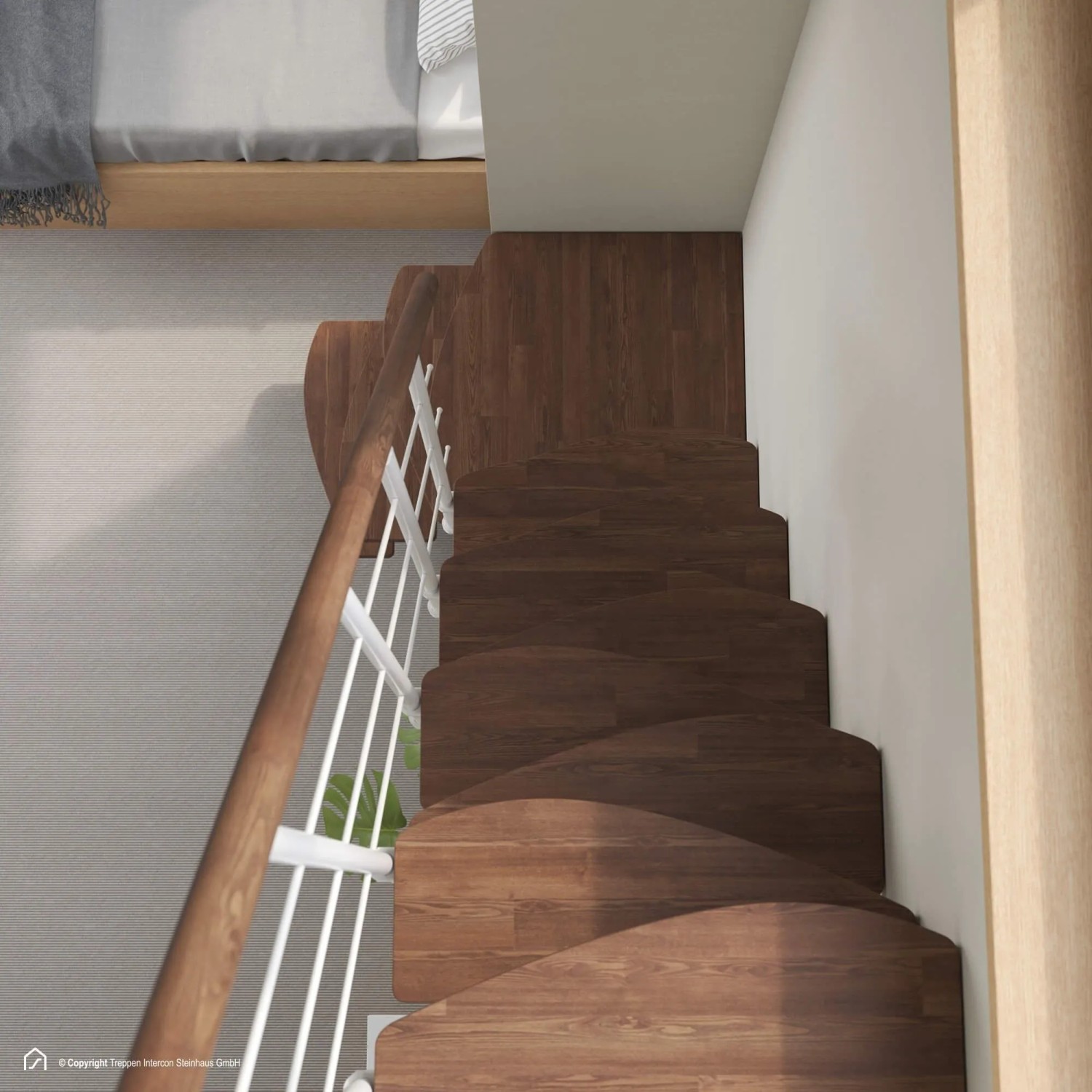 Intercon Raumspartreppe Quadro, Buche dunkel, Polar-Weiß. Mittelholmtreppe mit einseitigem Geländer.