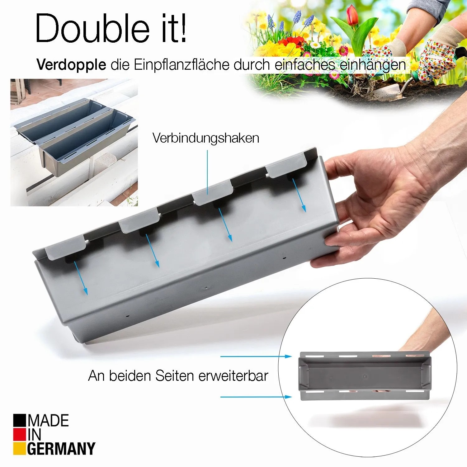 Grauer BigDean Paletten Blumenkasten 37cm mit Hängesystem. Zeigt Haken, erweiterbar für Europaletten & Balkon.