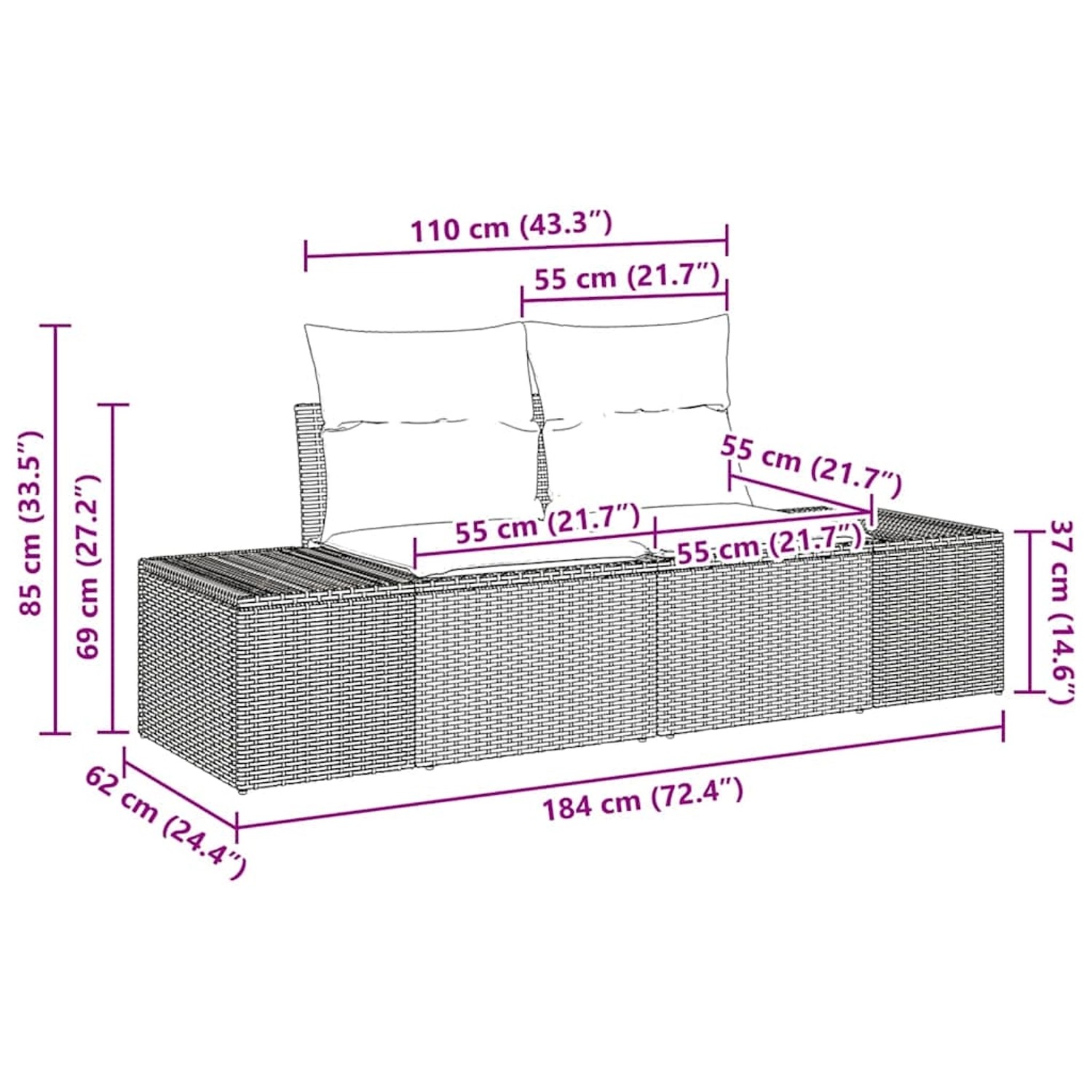 vidaXL Garten-Sofa-Set, 7-teilig, beige Poly Rattan, mit Maßangaben.