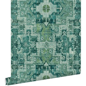 ESTAhome Vliestapete: Orientalisches Kelim Patchwork Muster in Smaragdgrün. Dekorative Wandtapete.