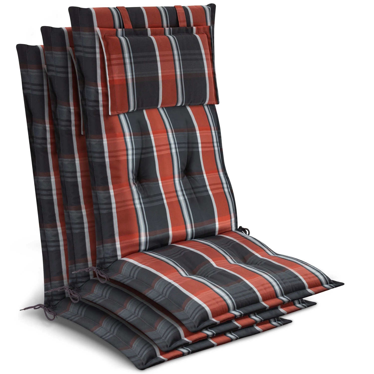 Beautissu 3x Gartenstuhlauflage Hochlehner 120x50x7cm Grau-Orange-Weiß-Kariert