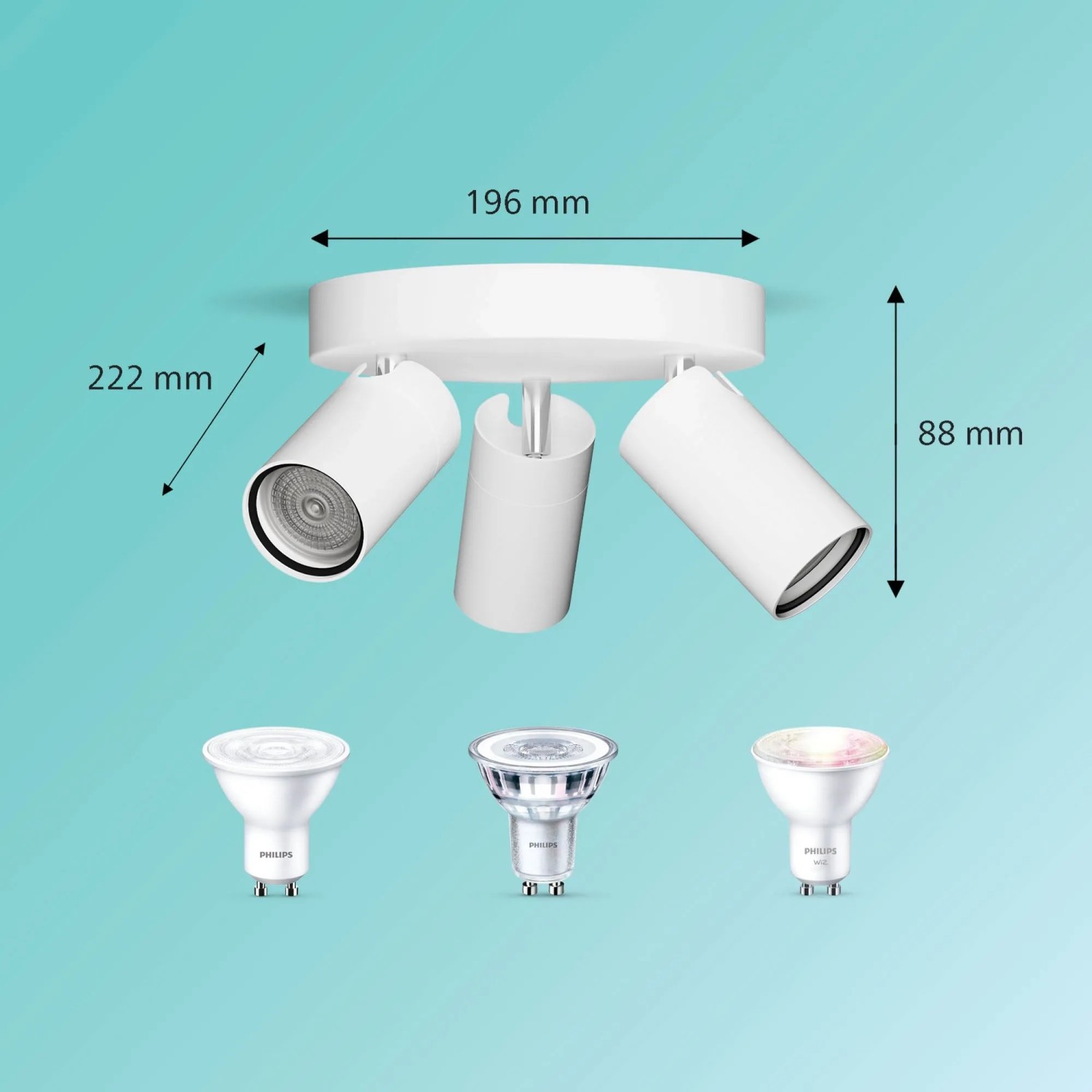 Weißer Philips Spot Idris Deckenstrahler, 3-flammig, rund, GU10, 196x222x88 mm. Spritzwassergeschützt (IP44) für Badezimmer.