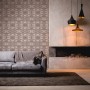 Graubeige Vliestapete mit 3D Design und leichter Struktur im Wohnraum.