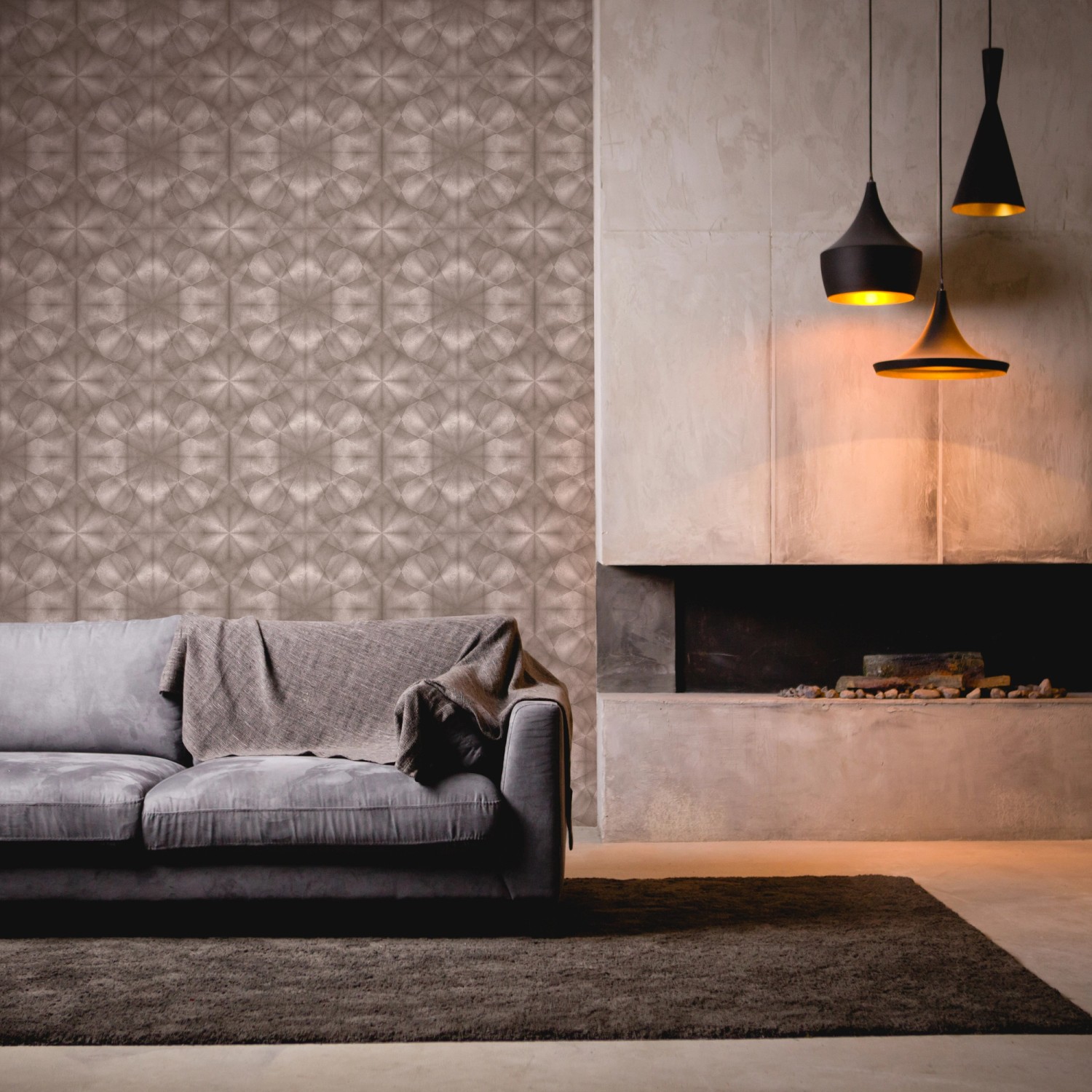 Graubeige Vliestapete mit 3D Design und leichter Struktur im Wohnraum.