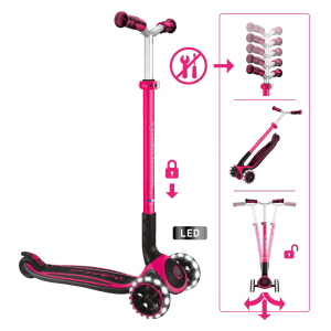 Globber ACE Lights Tretroller Kinder Teenager 125/80 mm ABEC 9 3-Rädrig Höhenverstellbar LED-Leuchtrollen Pink
