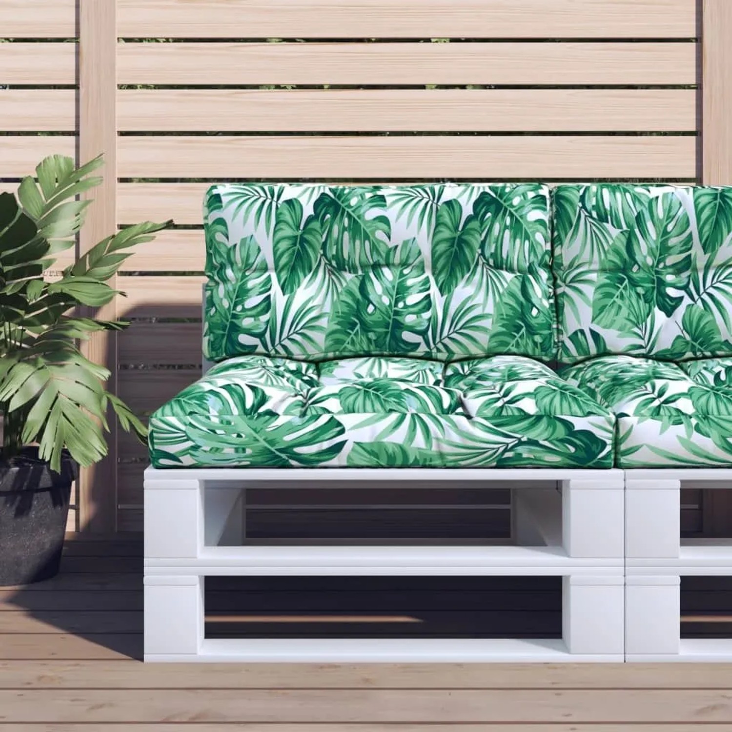 Palettenkissen-Set mit grünem Blattmuster für Palettensofa. Bequeme Sitz- und Rückenauflage aus Stoff für Outdoor.