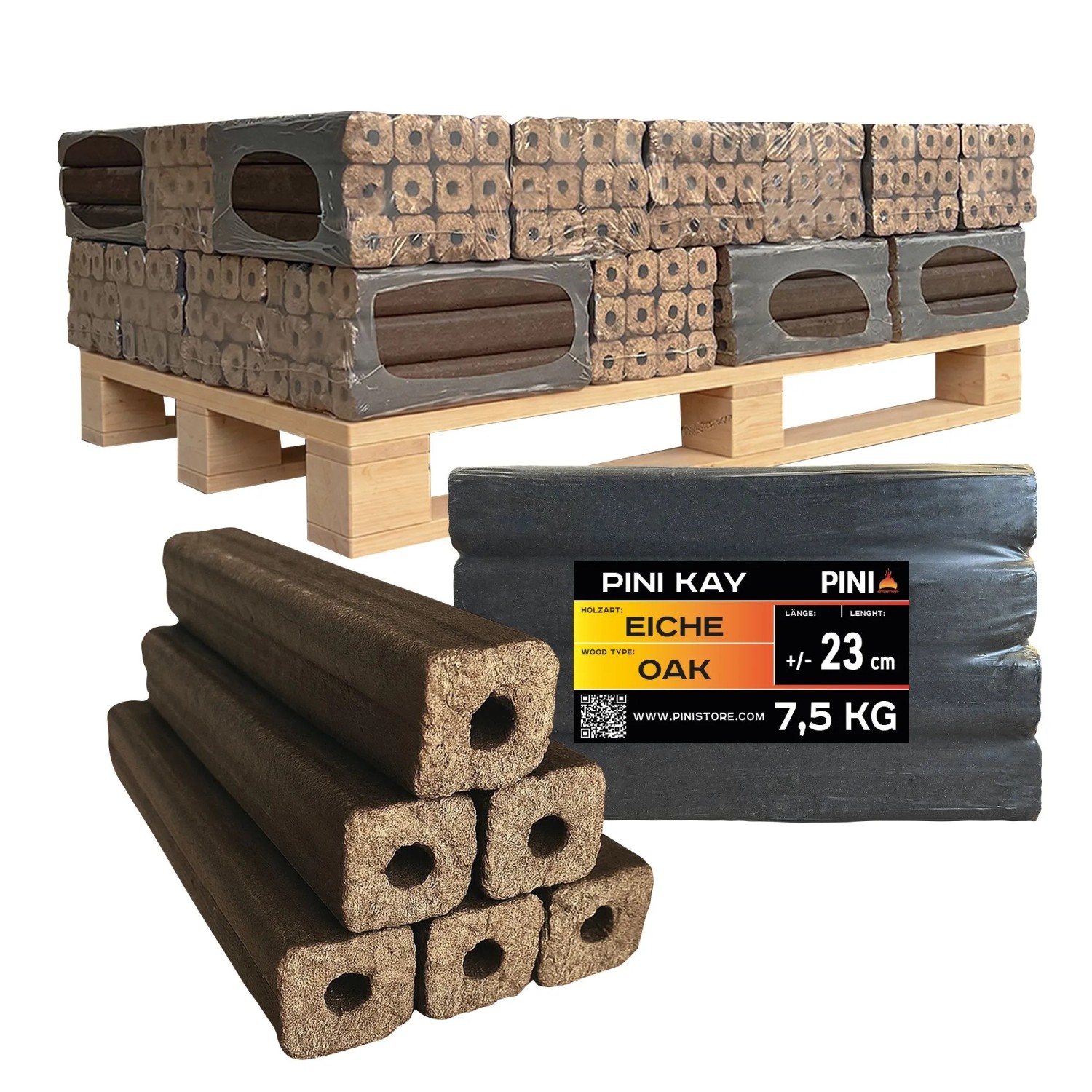 PINI Kay Eichenholzbriketts 23 cm 300 kg Palette Hartholzbriketts Brennholz Eiche Kamin Ofen