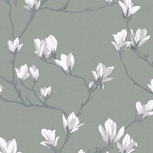 Laura Ashley Vliestapete Magnolia Grove Slate mit Magnolienblüten auf schiefergrauem Grund.