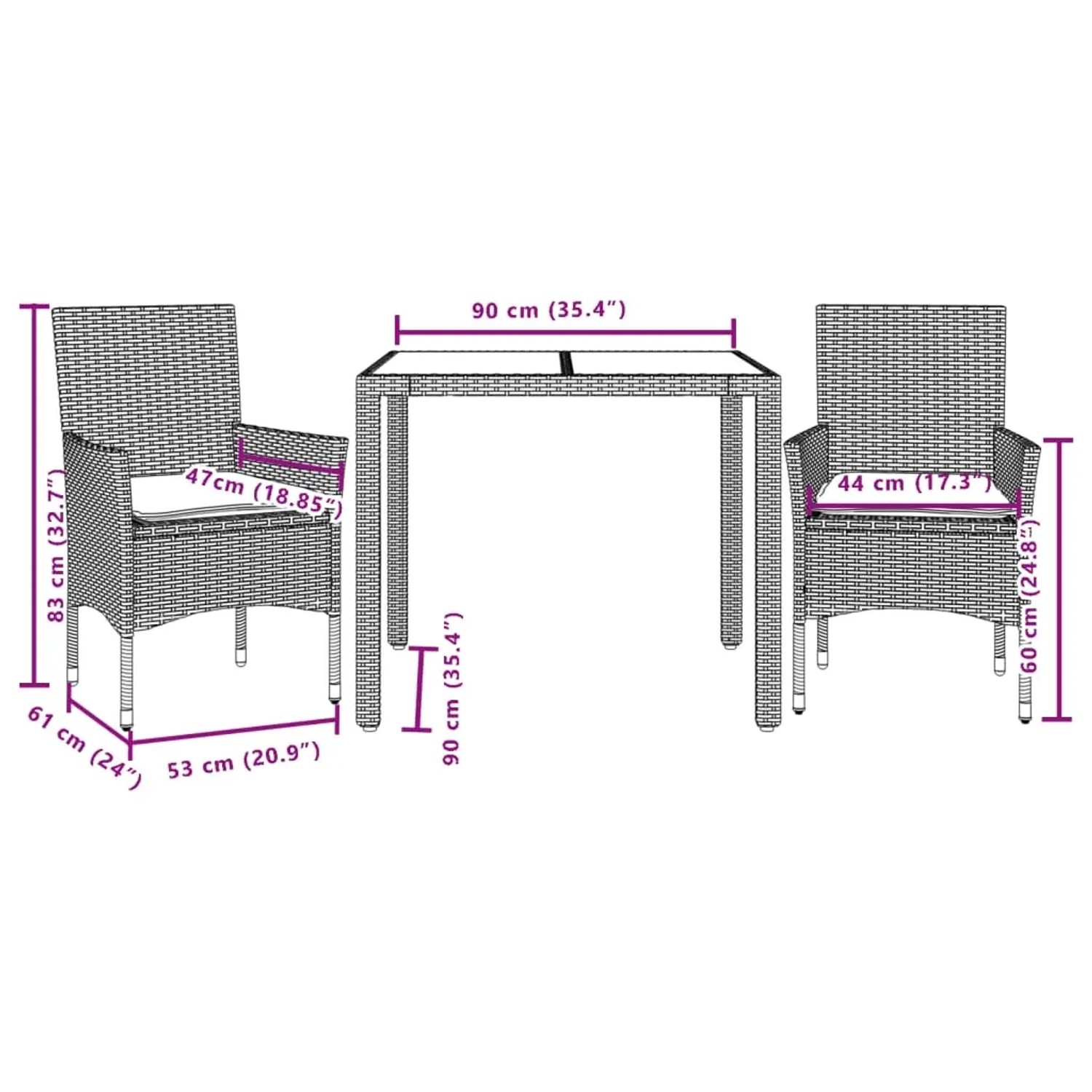 vidaXL 3-tlg. Garten-Essgruppe, schwarz, Poly Rattan, Akazie, mit Maßangaben.