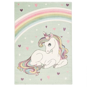 Mintgrüner Kinderteppich mit Einhorn und Regenbogen, 200x290cm.