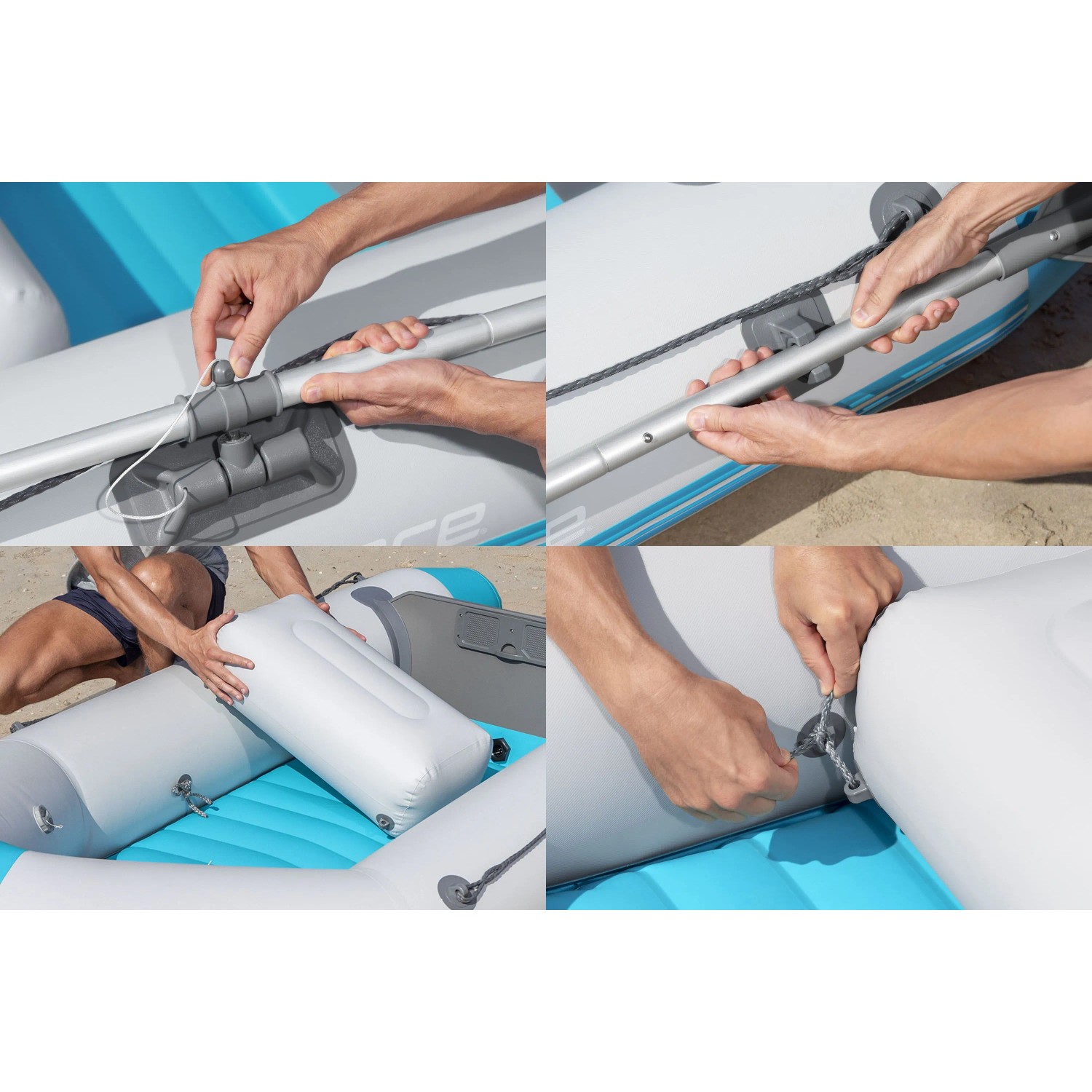 Bestway Sportboot Hydro Force Corinth Elite: Details zu Ruder, Sitzkissen und Befestigung.