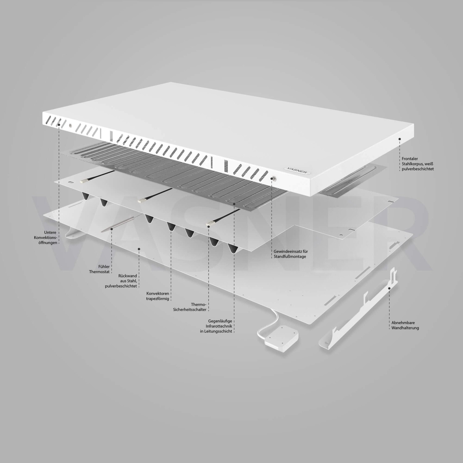 Explosionszeichnung der Vasner Konvi VE RX Infrarotheizung (1200 W) mit Bauteilen und Zubehör.