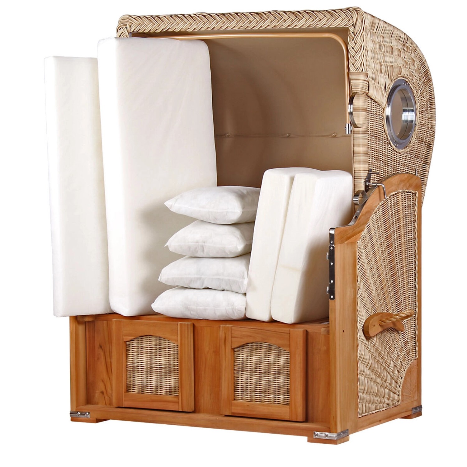 Strandkorb Ammersee Teak Komplettset mit Polstern und Bullauge.