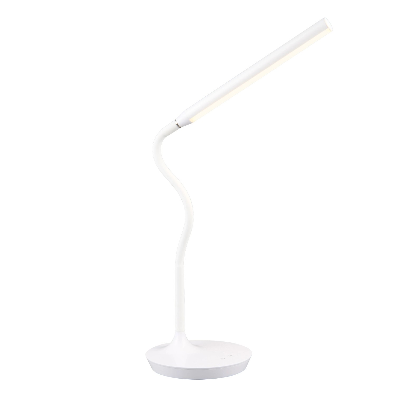 Weiße LED-Tischleuchte Toro mit flexiblem Arm, ideal als Schreibtischlampe.
