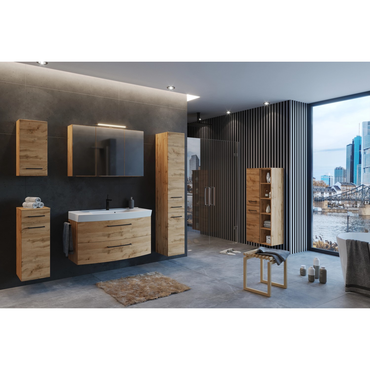 Held Möbel Spiegelschrank Florenz 100 cm in Wotaneiche für das Badezimmer.