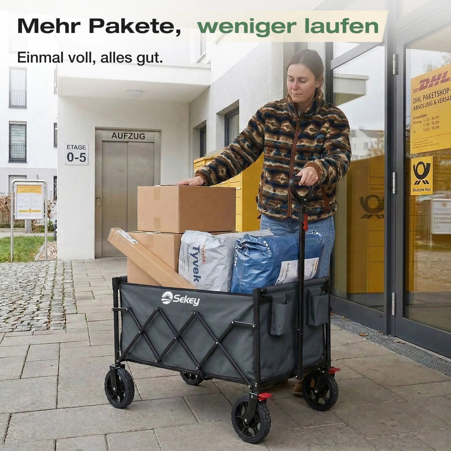 Sekey Bollerwagen faltbar, grau, beladen mit Paketen. Ideal für Camping & Transport.