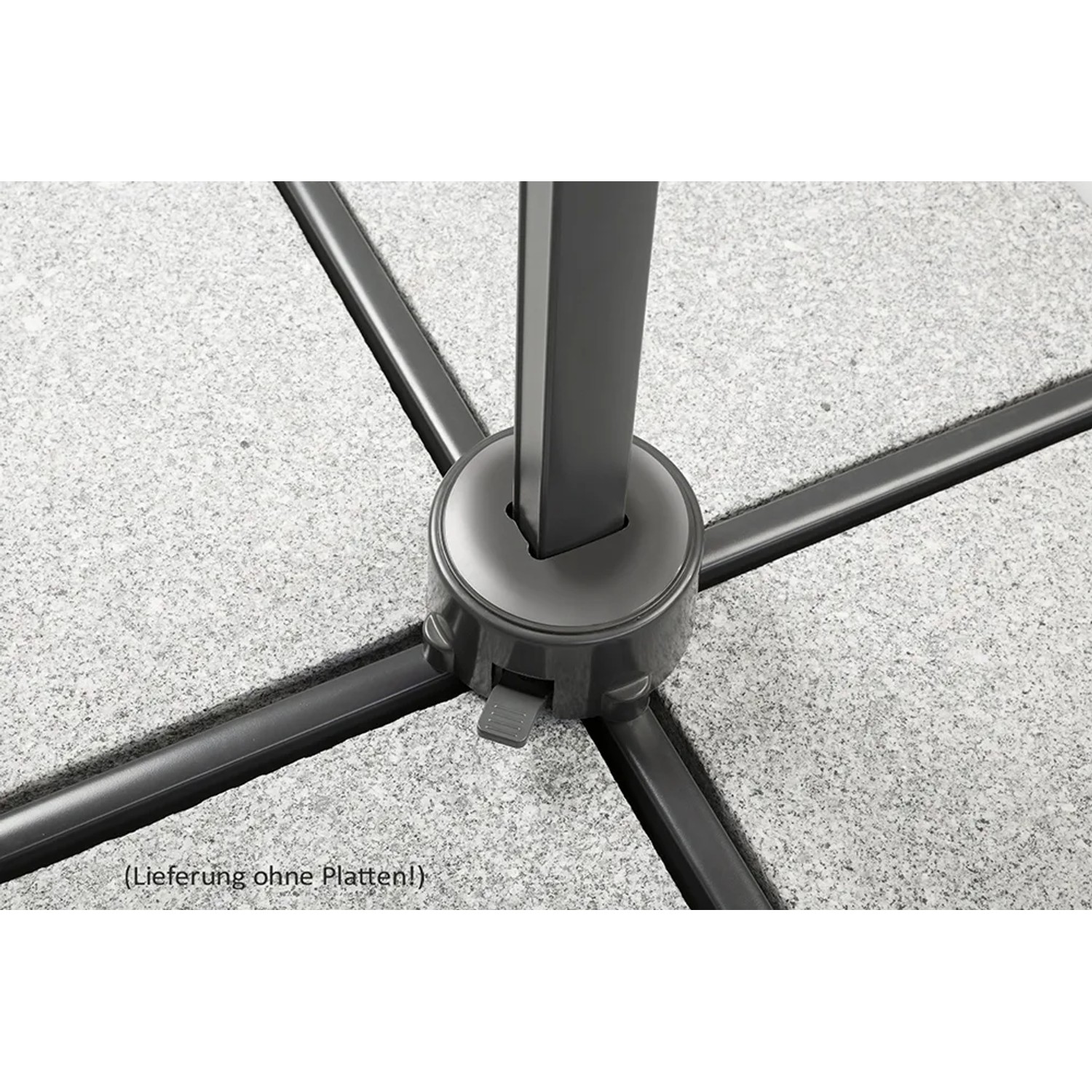 Detailaufnahme des Schirmständers für Schneider Ampelschirm, ohne Beschwerungsplatten.