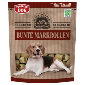 Perfecto Dog Markrollen, 400g Packung Hunde-Belohnungssnacks mit Beagle im Sichtfenster.