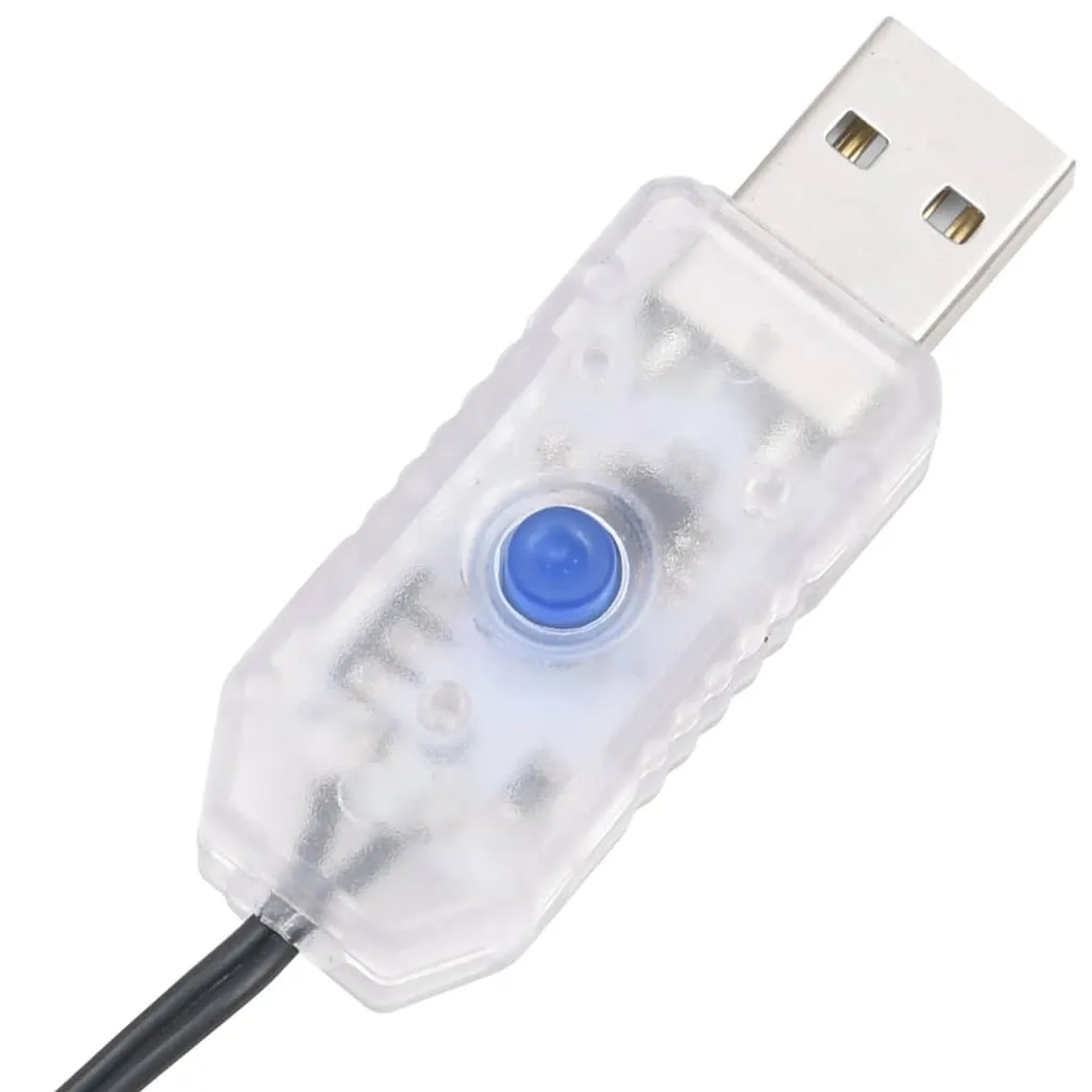 Detailaufnahme des USB-Steckers und der Steuerung der blauen vidaXL Lichterkette mit 400 LEDs.