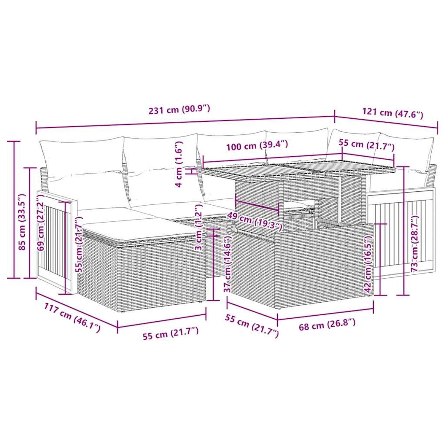 vidaXL 7-tlg. Garten-Sofagarnitur aus Rattan mit Kissen, Maße und Details dargestellt.
