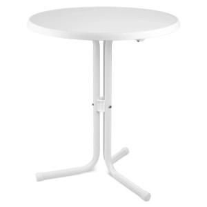 Weißer runder Beautissu Emma Stehtisch mit Stahlgestell. Kompakt, stabil, für Indoor & Outdoor.